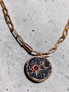 Sun Moon Celestial Coin Pendant Necklace Gold Paperclip Chain Boho Talisman NWOT